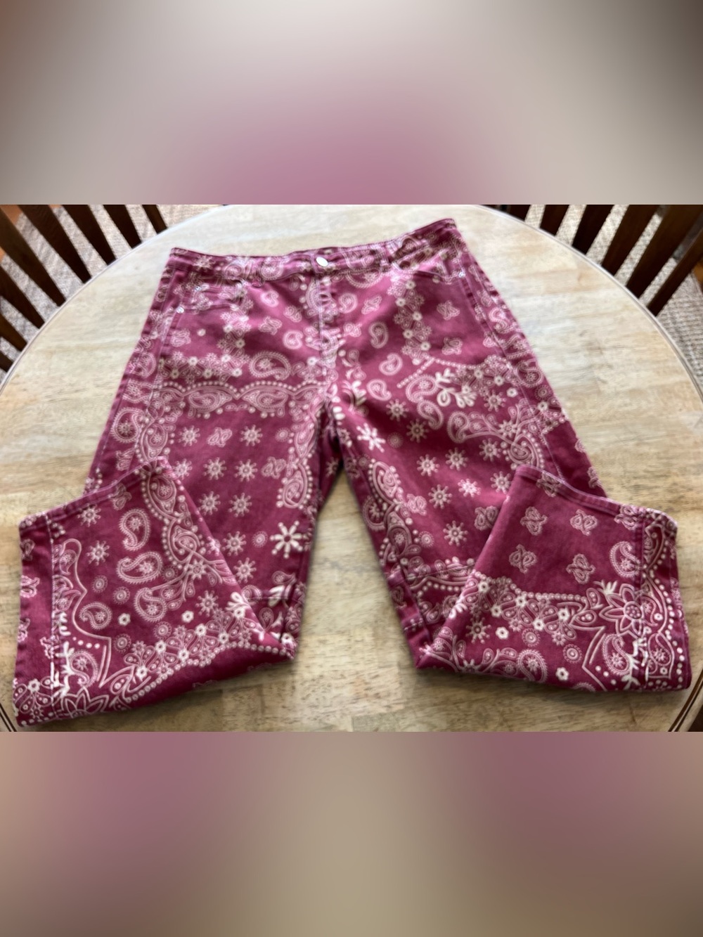 Maroon Red Paisley Print Stretch Barrel Pants